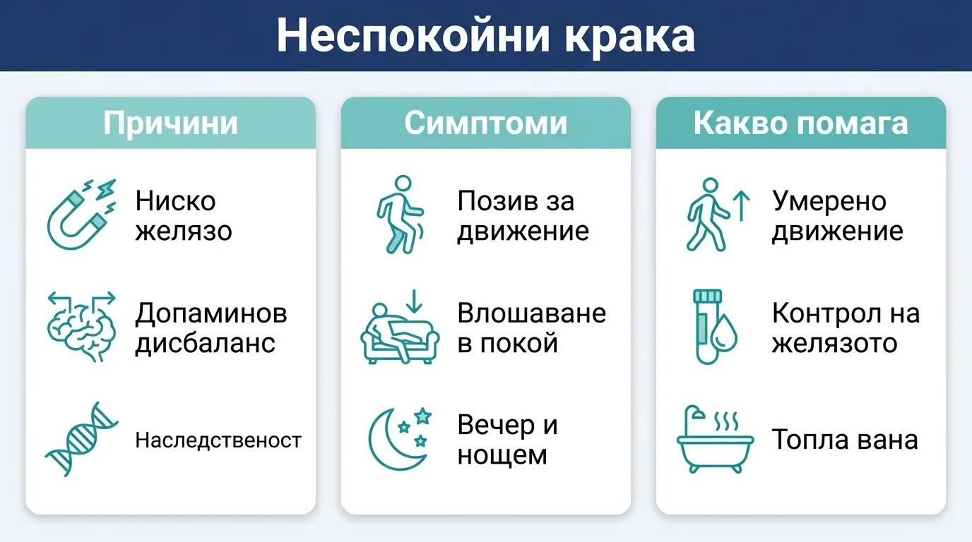 Инфографика с причините, симптомите и мерките за облекчаване на синдрома на неспокойните крака.
