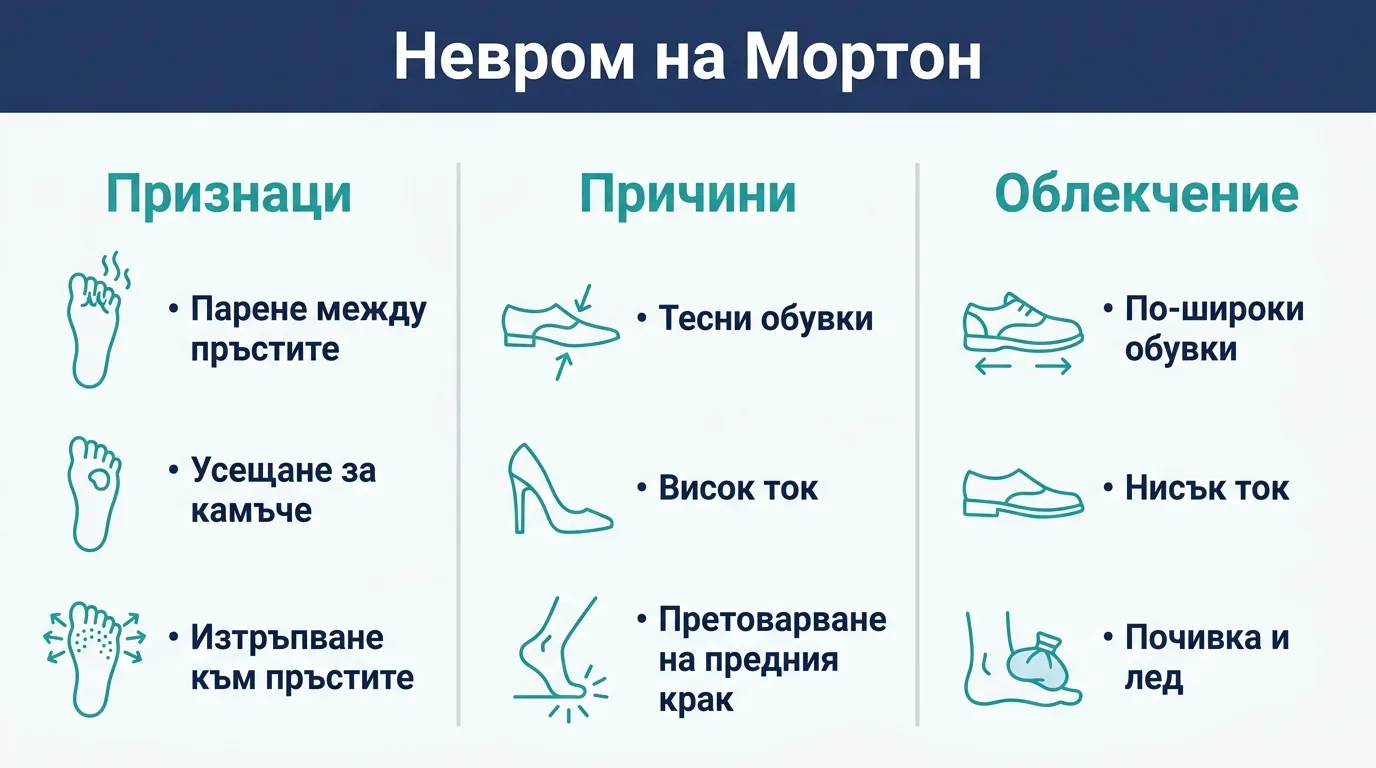 Инфографика с признаците, причините и мерките за облекчение при невром на Мортон.