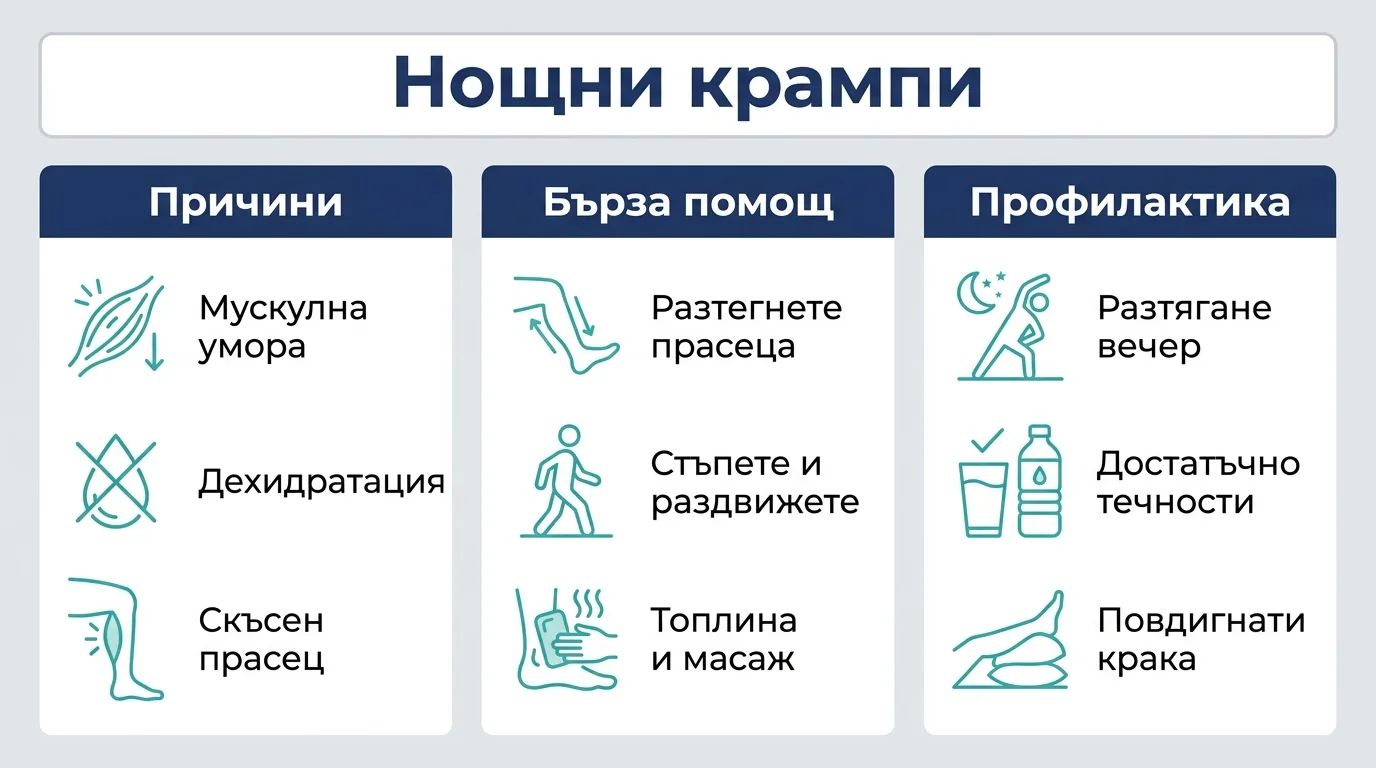 Инфографика с причините, бързата помощ и профилактиката на нощните крампи в прасеца.