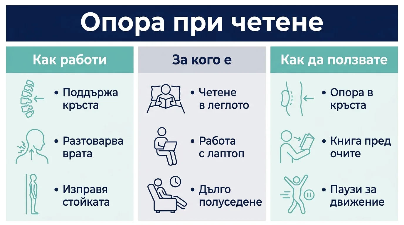 Инфографика как работи възглавницата за четене, за кого е подходяща и как да я използваме