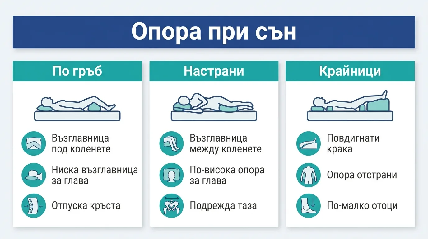 Инфографика с трите начина да подпрем тялото с възглавници при сън след операция