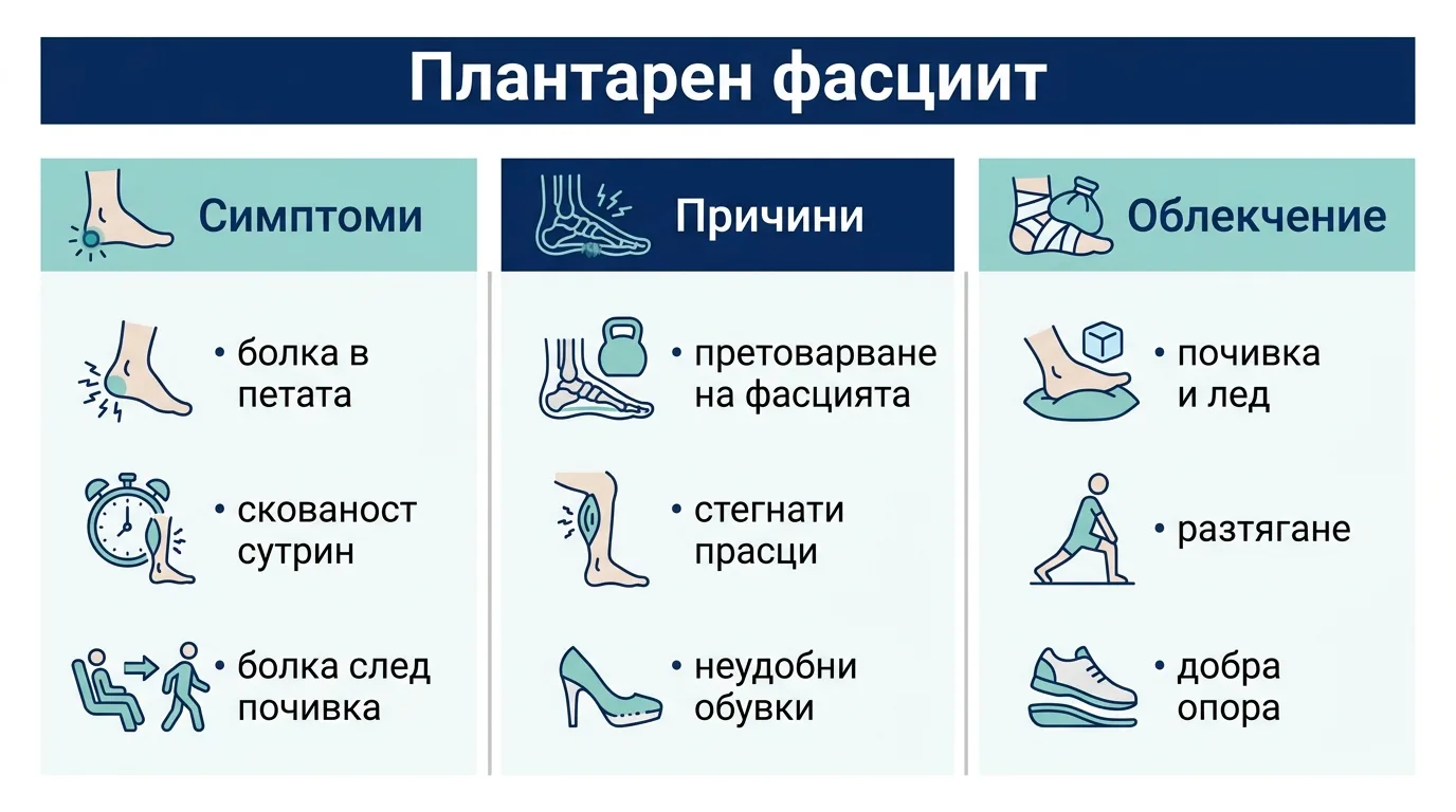 Инфографика с трите основни аспекта на плантарния фасциит: симптоми, причини и облекчение.