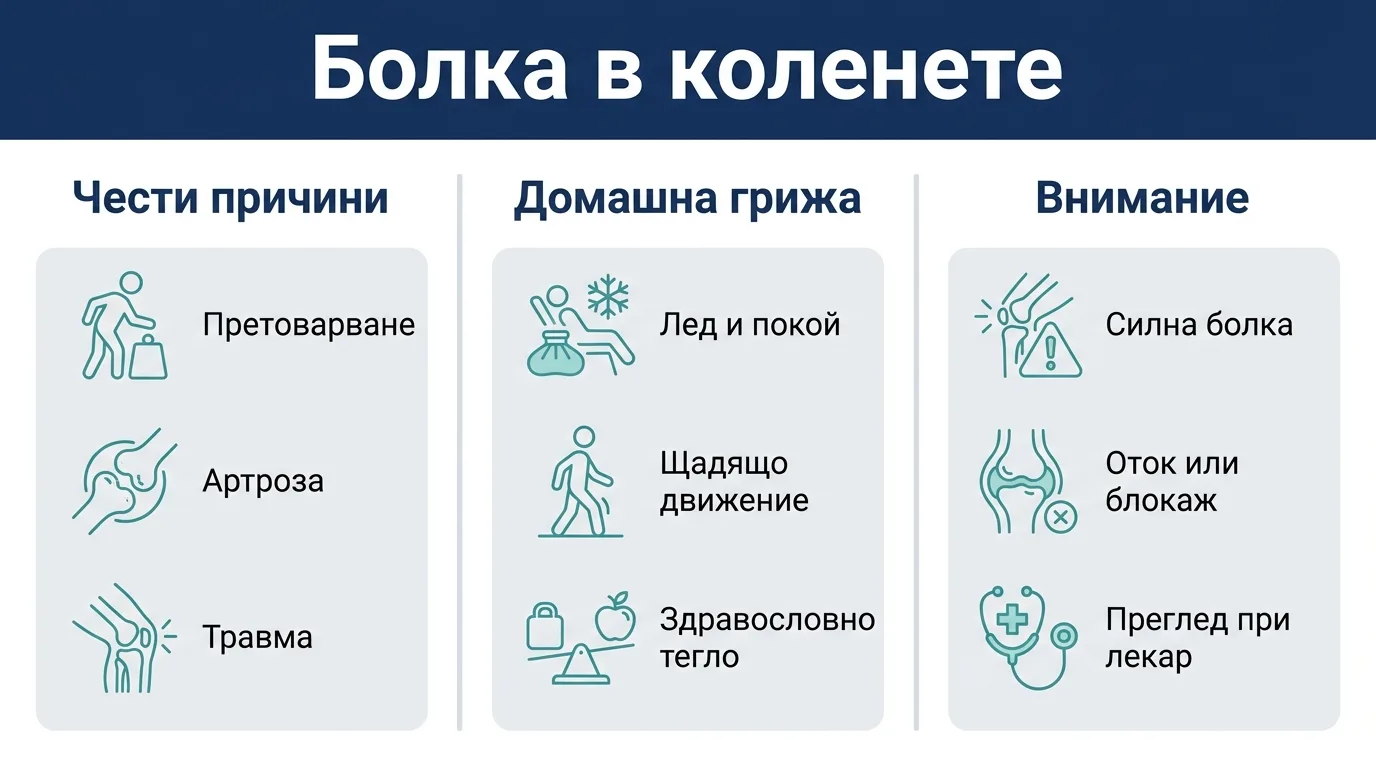 Инфографика с честите причини за болка в коленете, домашната грижа и признаците за преглед.
