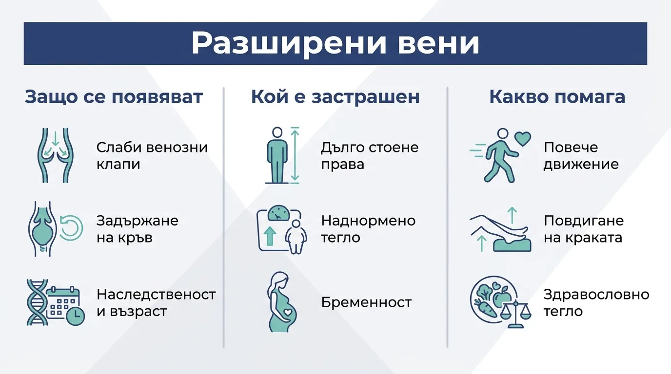 Инфографика за причините за разширените вени и мерките, които облекчават оплакванията в краката