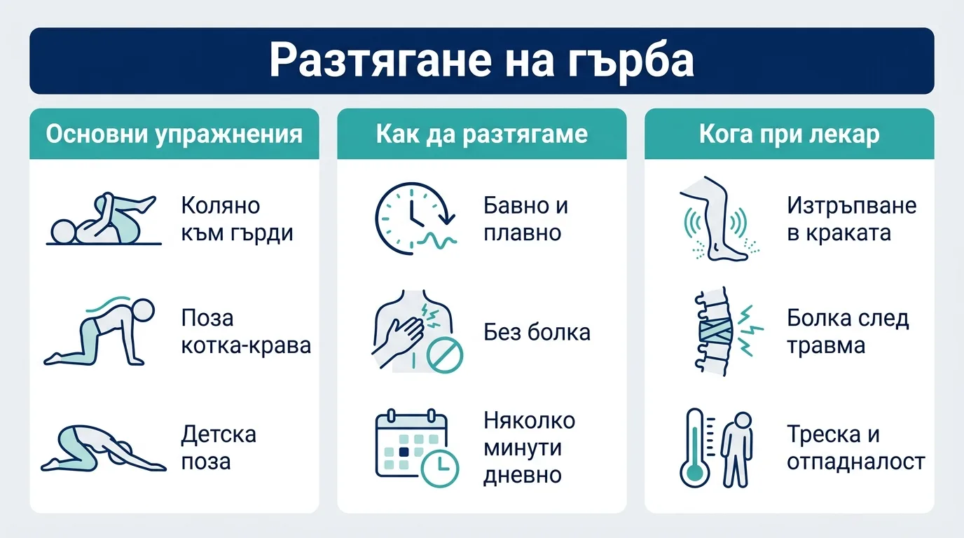 Инфографика с три насоки за разтягане на гърба: основни упражнения, как да разтягаме правилно и кога да потърсим лекар.