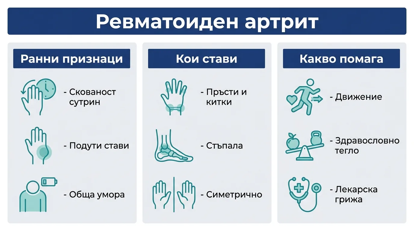 Инфографика за ранните признаци на ревматоидния артрит, засегнатите стави и какво помага