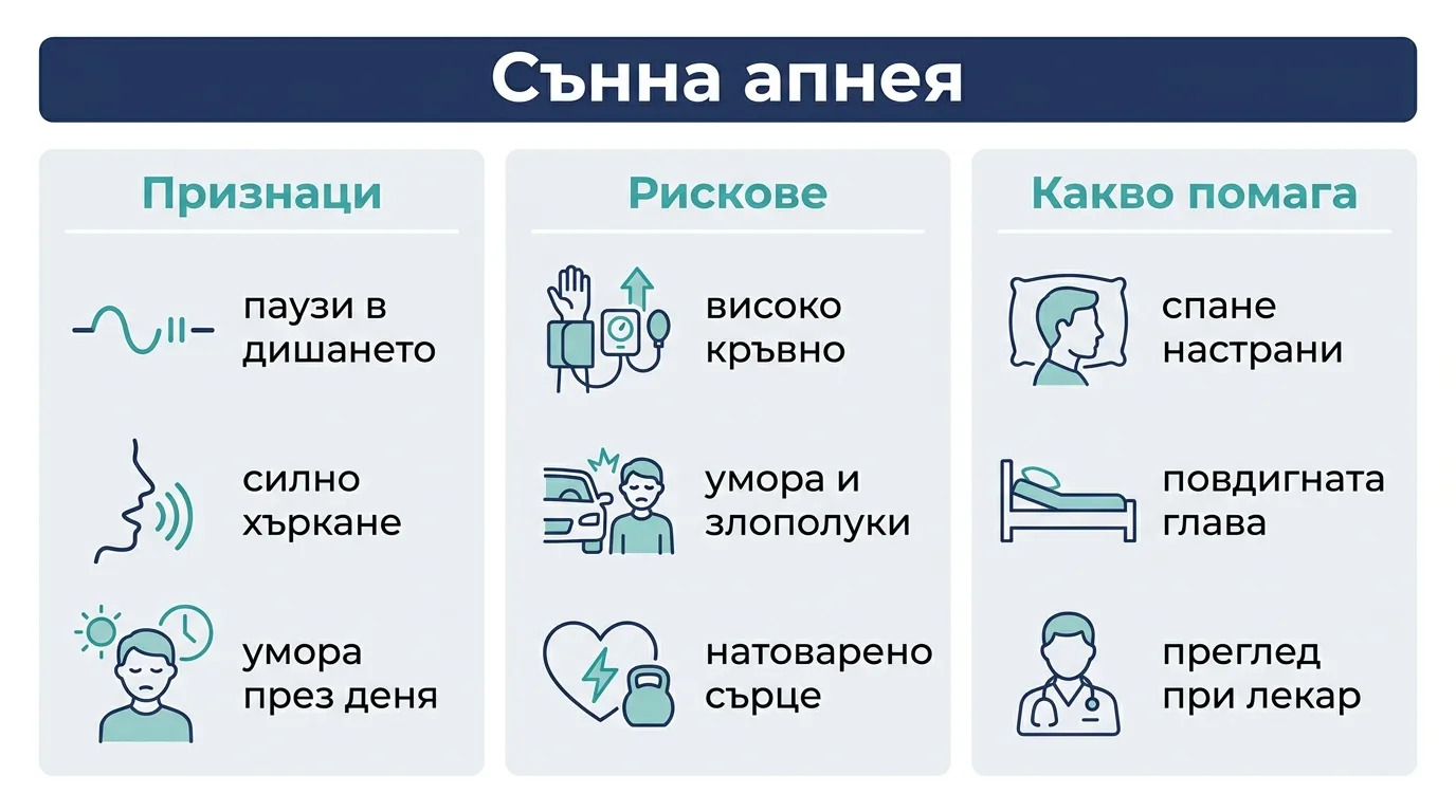 Инфографика с признаците, рисковете и полезните мерки при сънна апнея.