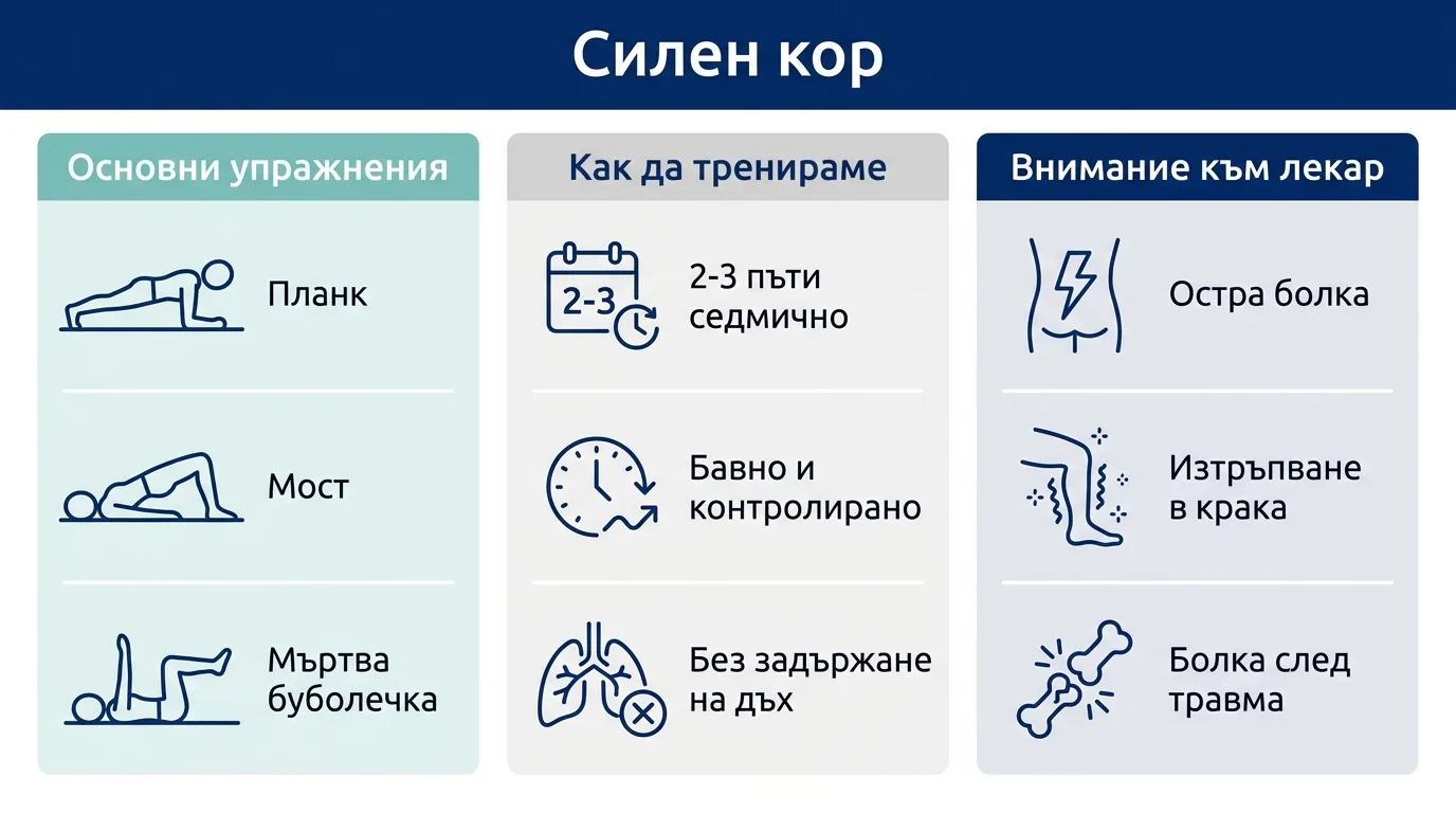 Инфографика с основните упражнения за кор, правилата за безопасна тренировка и признаците, изискващи лекар.