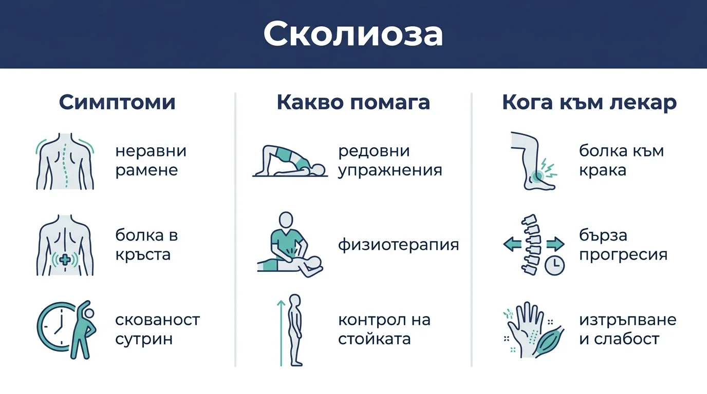 Инфографика със симптомите на сколиозата при възрастни, подходите с реален ефект и признаците, при които е нужен лекар.