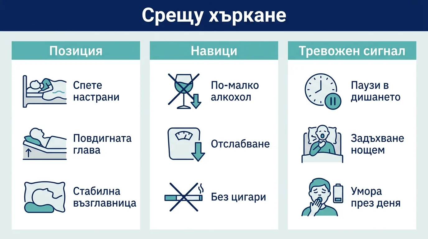 Инфографика с три стъпки срещу хъркането: позиция на съня, здравословни навици и тревожни сигнали