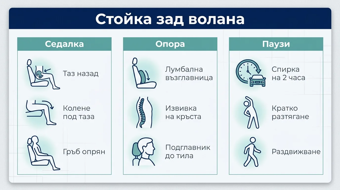 Инфографика с трите правила за здрав гръб зад волана: седалка, опора и паузи.