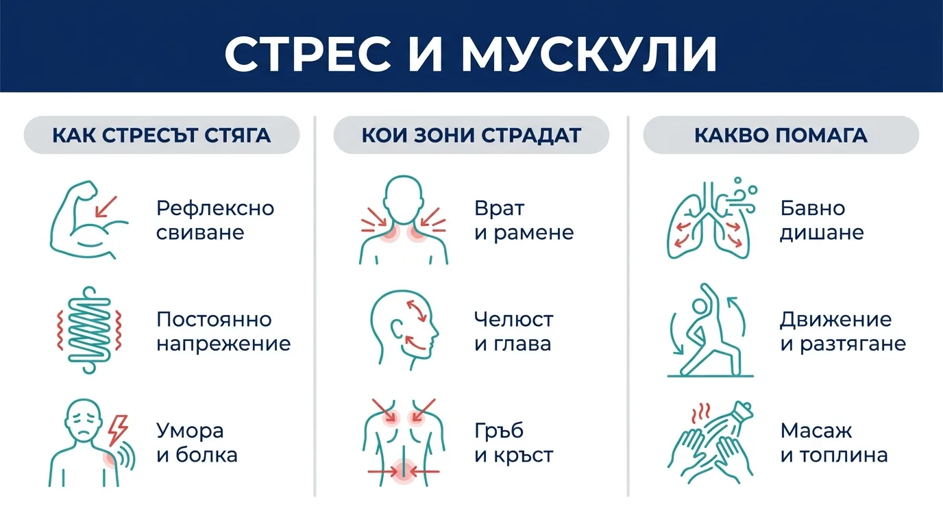 Инфографика в три стъпки как стресът стяга мускулите, кои зони страдат и какво помага за отпускане.