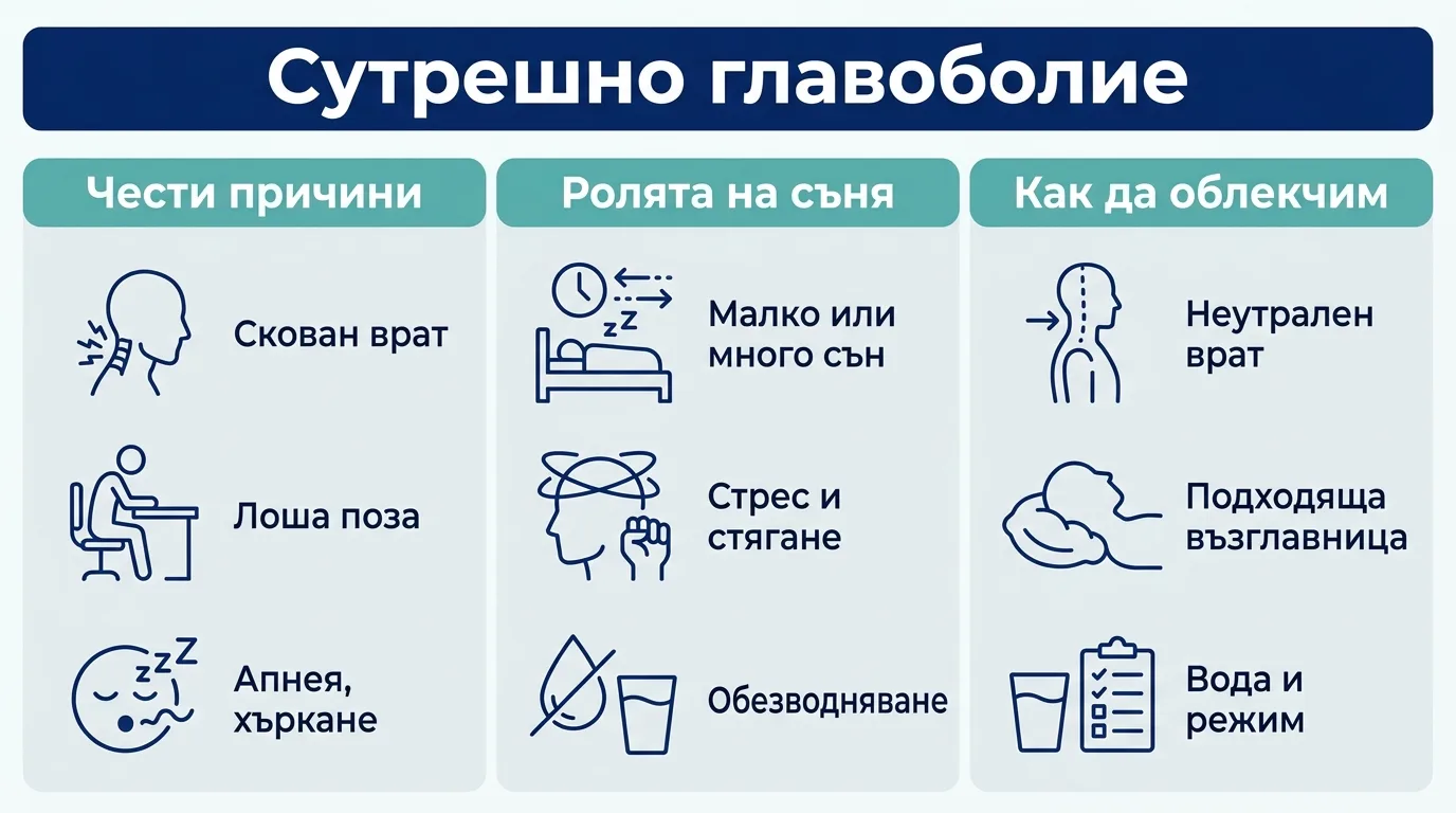 Инфографика за честите причини за сутрешно главоболие, ролята на съня и начините за облекчаване.