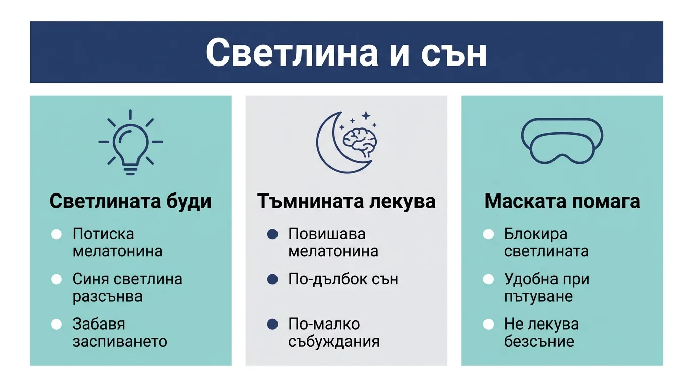 Инфографика как светлината, тъмнината и маската за сън влияят върху нощната почивка.