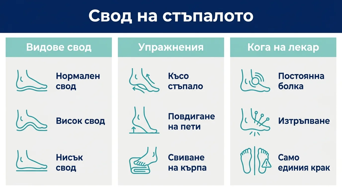 Инфографика за свода на стъпалото с видовете свод, упражнения и кога да потърсите лекар