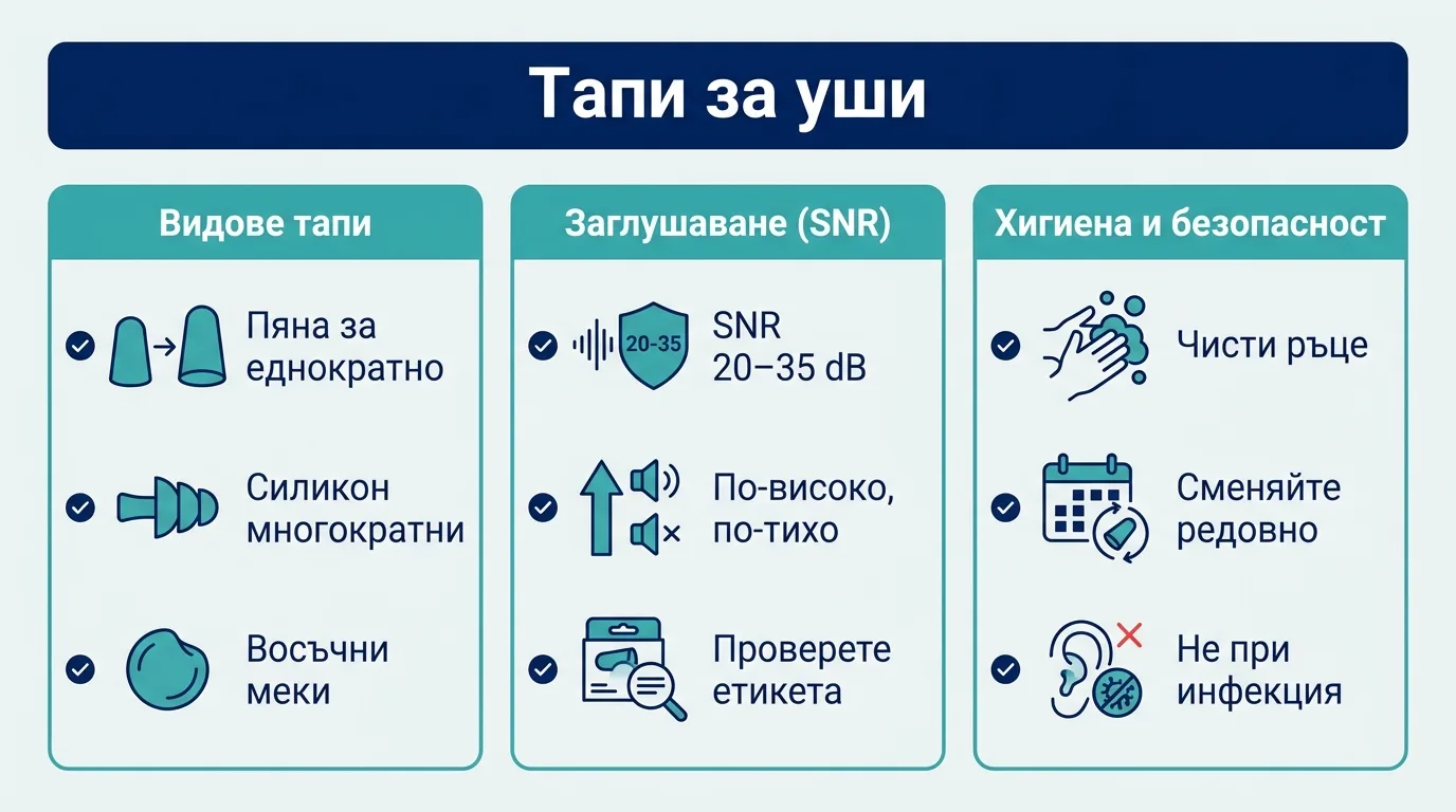 Инфографика в три колони, която показва видовете тапи за уши, степента на заглушаване SNR и правилата за хигиена.