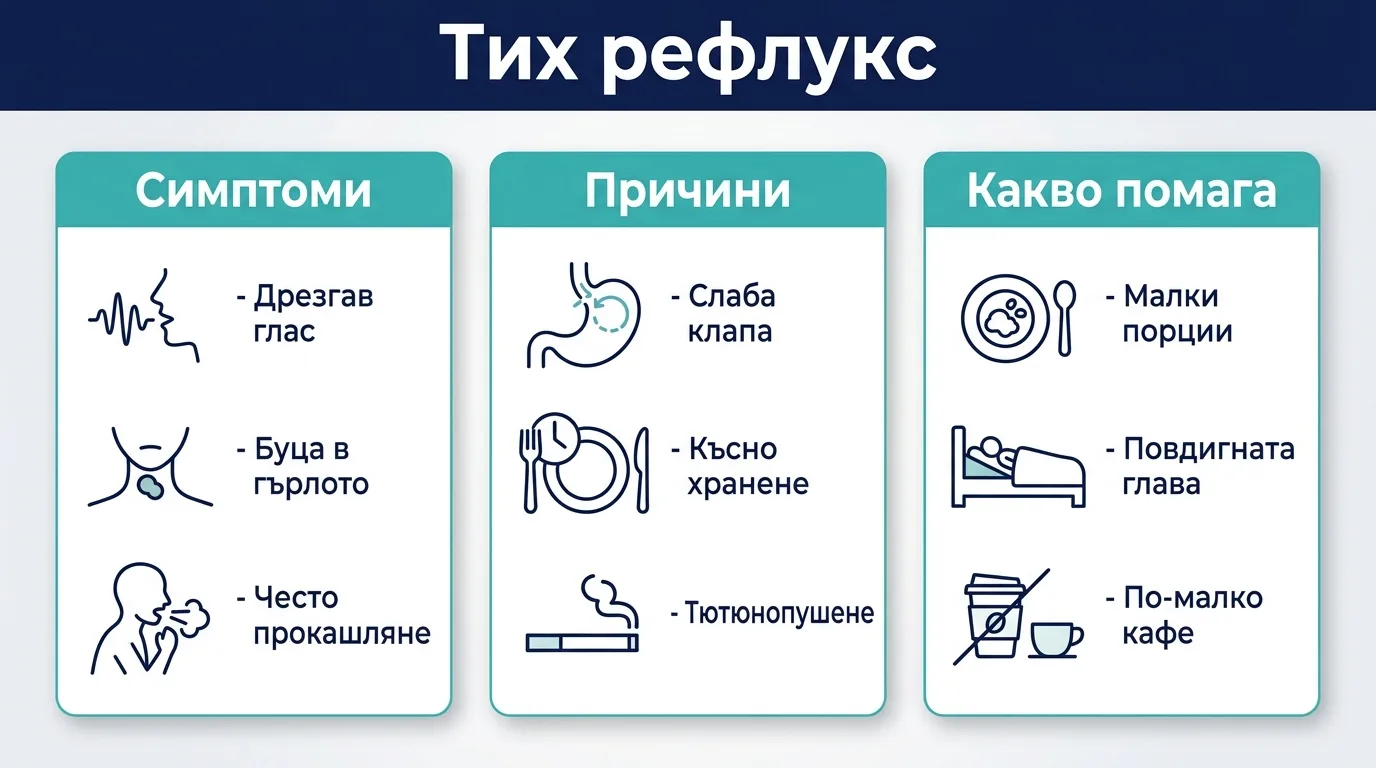 Инфографика за тихия рефлукс със симптомите, причините и какво помага