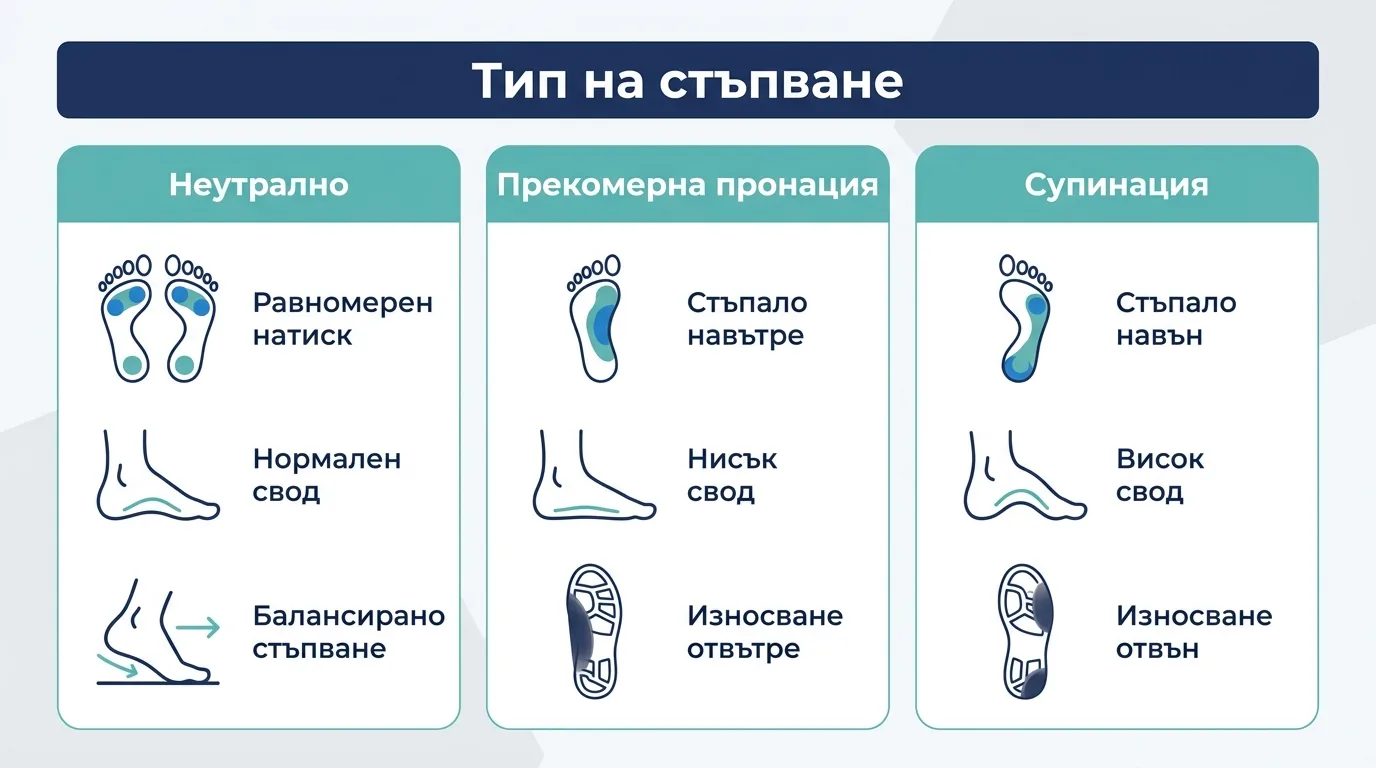 Инфографика на български с трите типа на стъпване: неутрално, прекомерна пронация и супинация