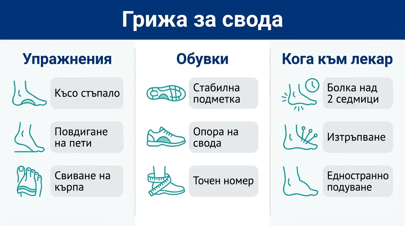 Инфографика на български за грижата за свода на стъпалото при плоски стъпала.