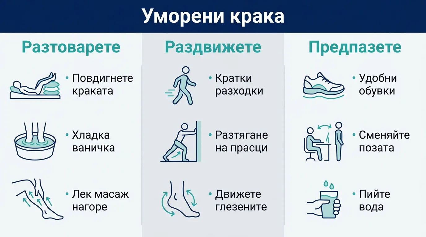 Инфографика с три стъпки за грижа при уморени крака: разтоварване, раздвижване и предпазване.