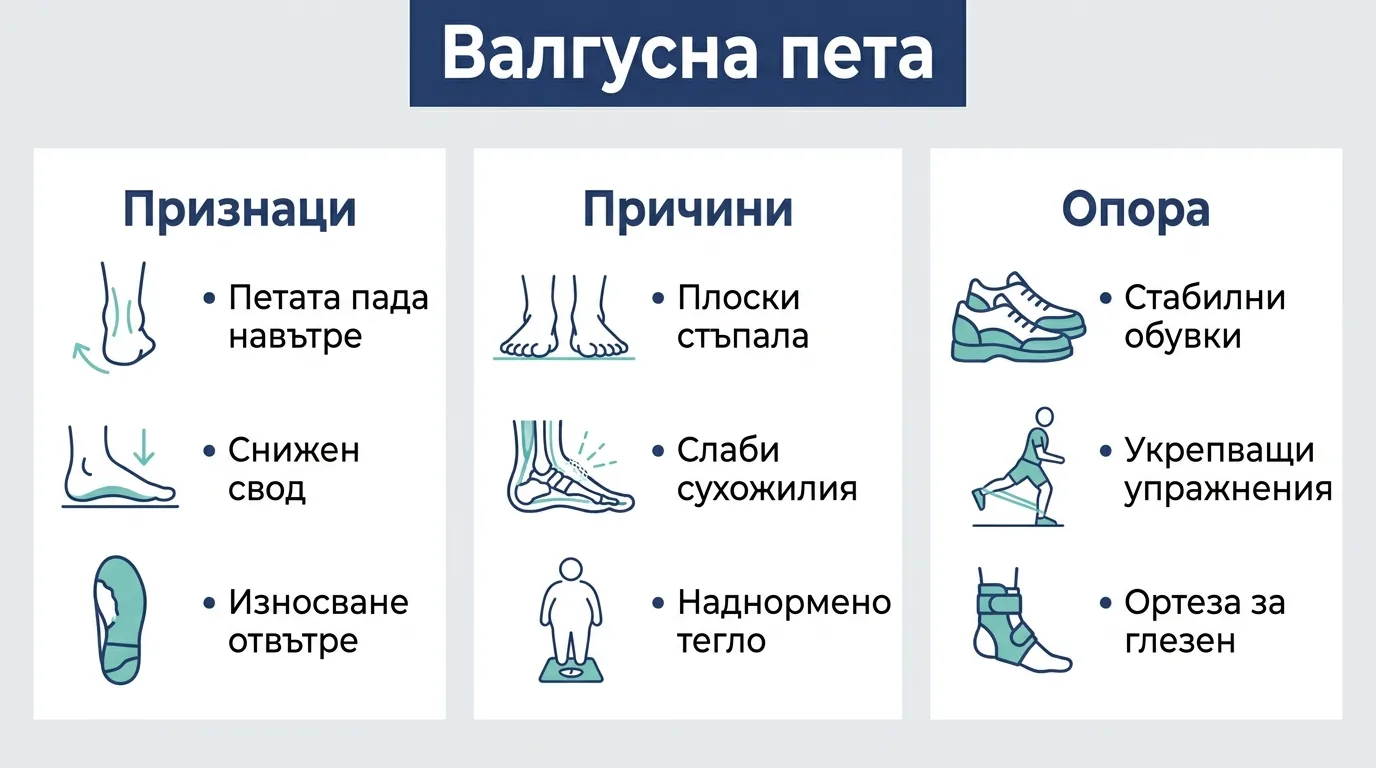 Инфографика с признаците, причините и опората при валгусна пета.