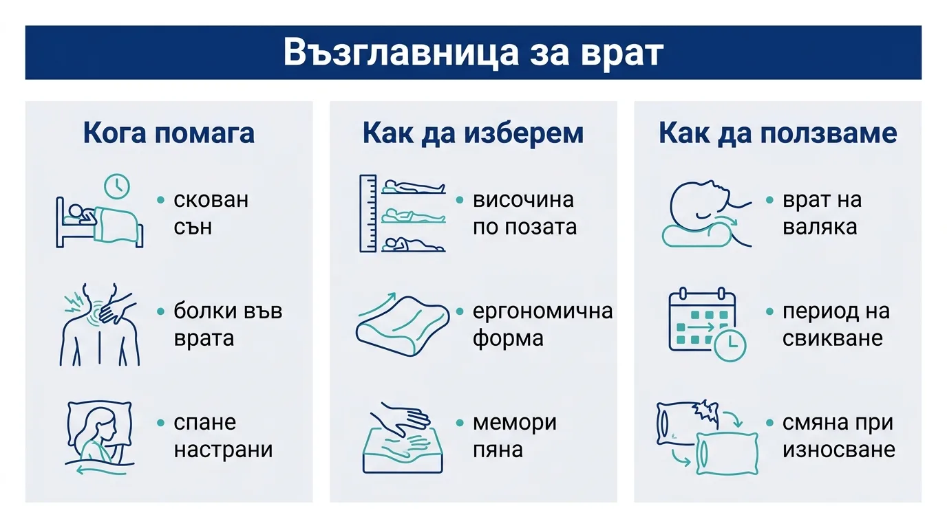 Инфографика с три раздела за това кога помага, как да изберем и как да ползваме възглавница за врат.