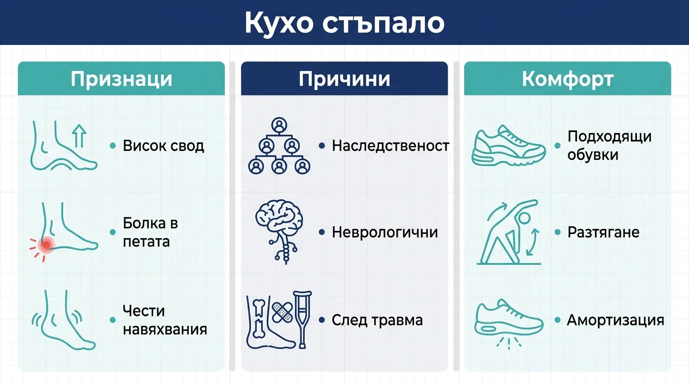Инфографика за кухото стъпало с признаци, причини и начини за комфорт