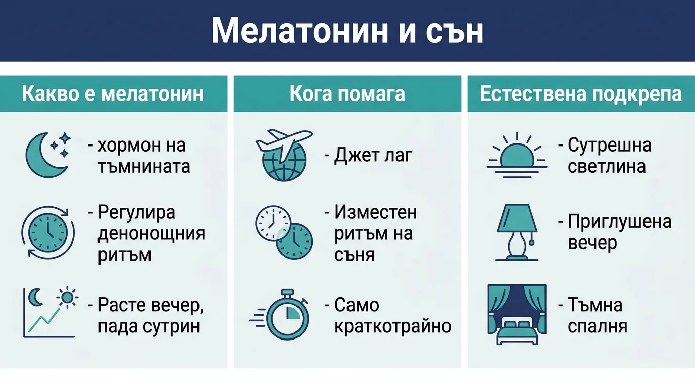 Инфографика за мелатонина: какво представлява, кога помага и как да го подкрепим естествено