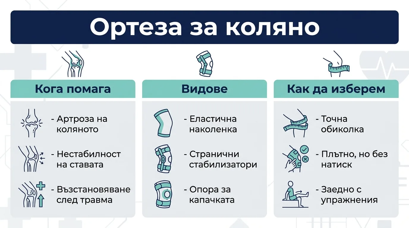 Инфографика за ортеза за коляно: кога помага, видове и как да изберем