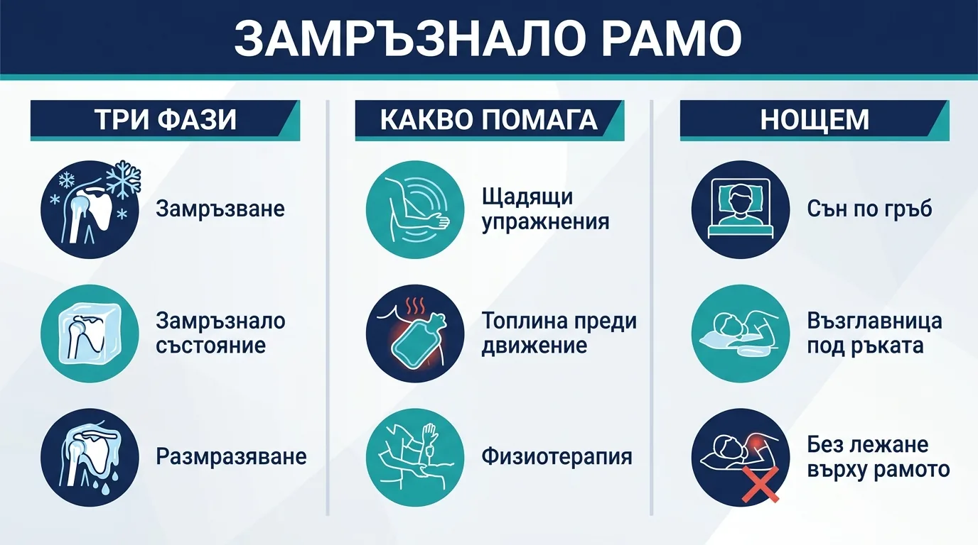 Инфографика за замръзналото рамо: фази, упражнения и сън